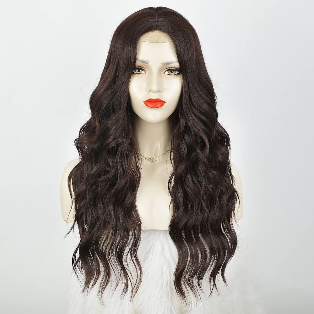 LKQee Long Brown Wigs for Women Wavy Synthetic Middle Part Wigs Chocolate Brown Natural Looking Heat Resistant Hair Replacement Wigs for Daily Party Use
