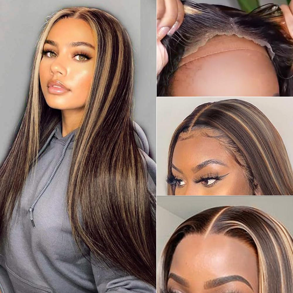 Dirrhair Brown Lace Front Wigs, Long Straight Honey Blonde Highlights Lace Frontal Wigs for Women with Baby Hair, 26 Inch Brown Mixed Blonde Synthetic Glueless Wigs for Daily Party Use