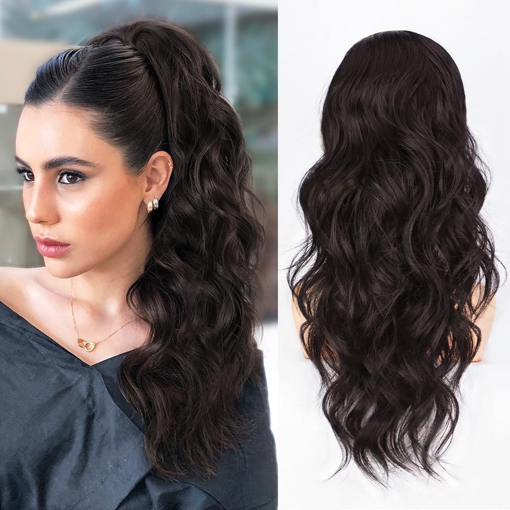 pasadena Ponytail Extension,Drawstring Ponytail Hair Extensions Dark Brown Long Wave Ponytail For Women