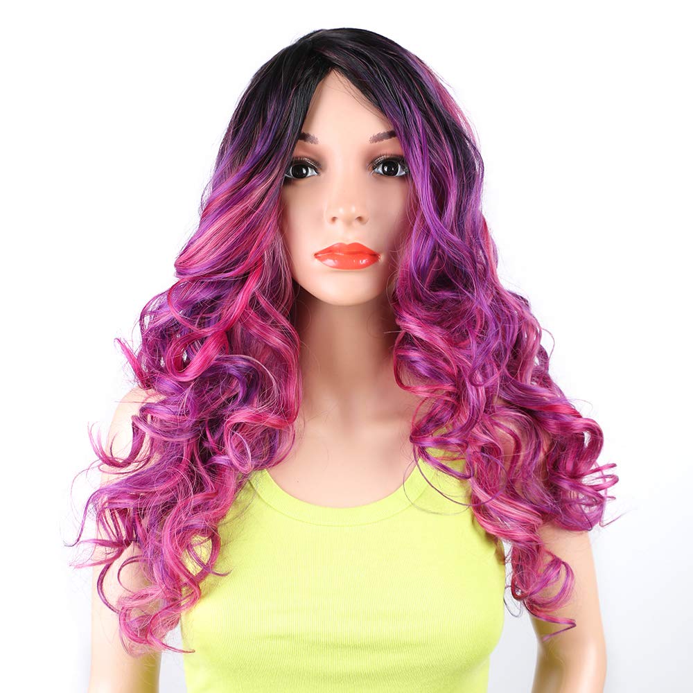 InspiritStyle Colorful Wig Cosplay Costume Wig Long Natural Loose Wavy Red Mixed Purple Wigs for Women and Girls