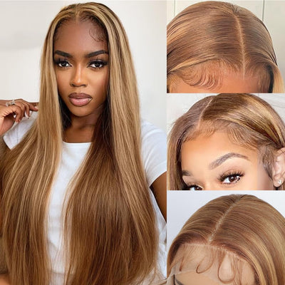 Dirrhair Brown Lace Front Wigs, Long Straight Honey Blonde Highlights Lace Frontal Wigs for Women with Baby Hair, 26 Inch Brown Mixed Blonde Synthetic Glueless Wigs for Daily Party Use