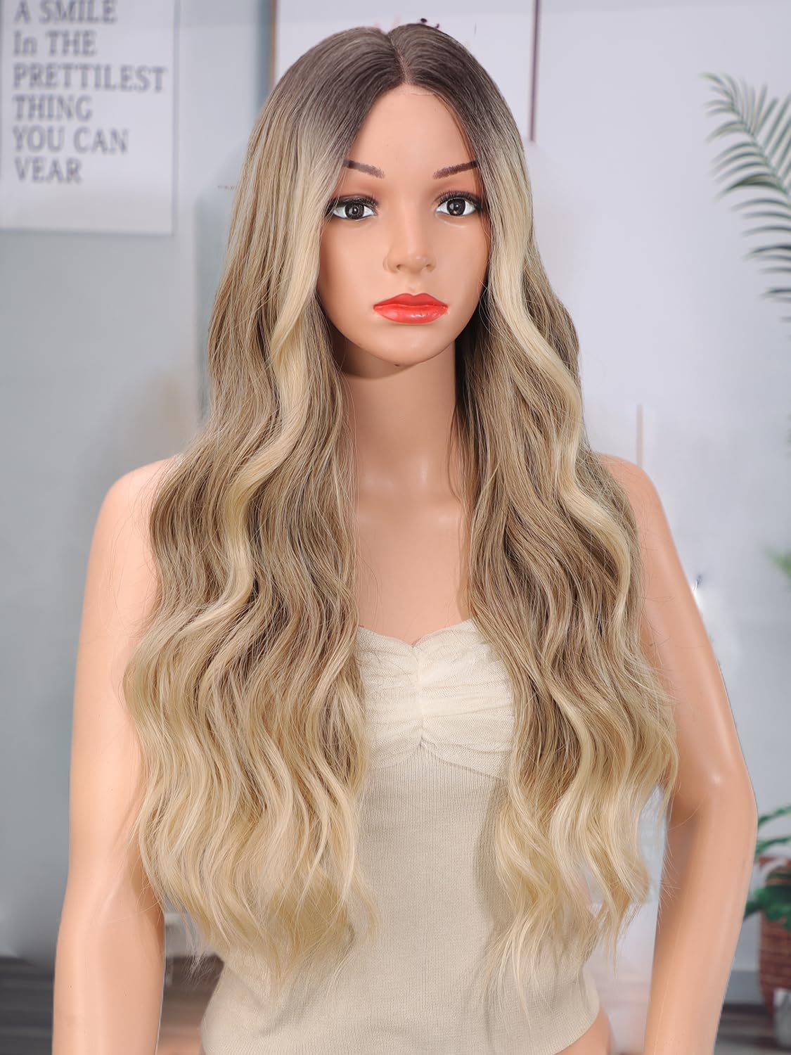 ZenBreeze Blonde Wigs for Women Long Ombre Blonde Wavy Wig with Dark Roots 26 Inch Lace Front Women's Charming Wigs Natural Looking Synthetic Heat Resistant Fiber Wig for Daily Party Use