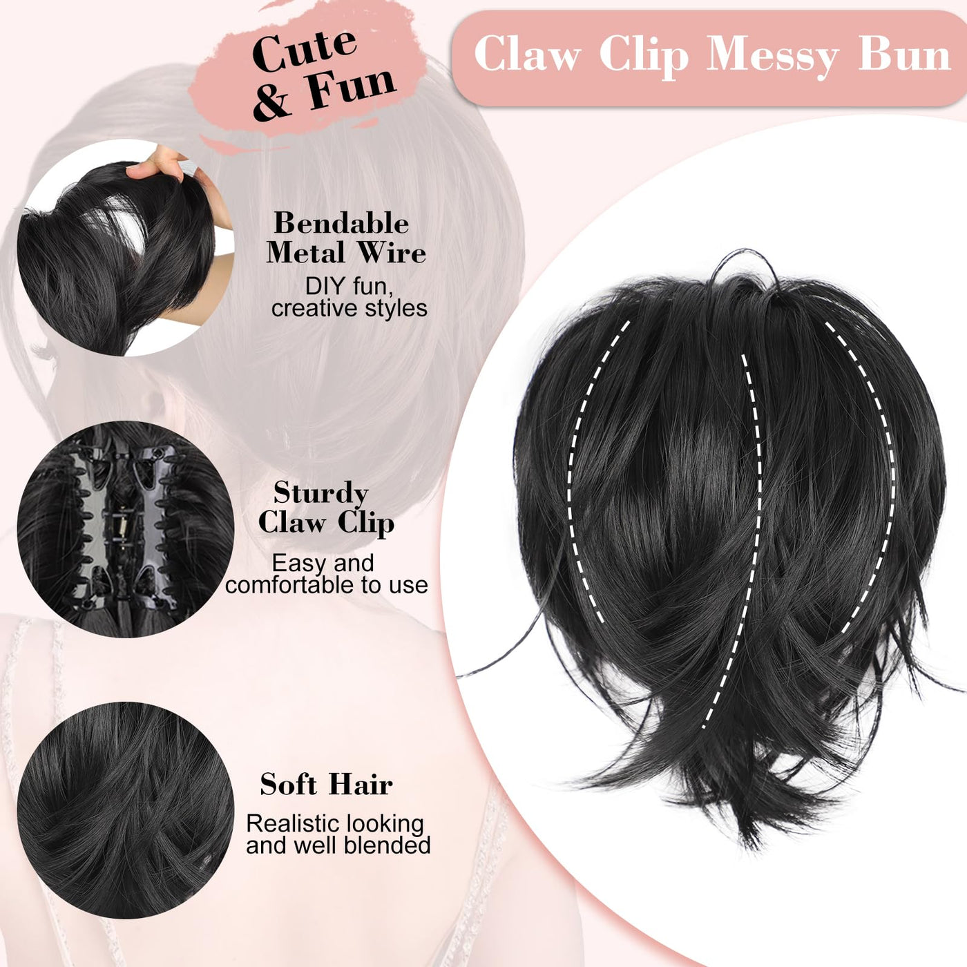 CloudEase Claw Clip Messy Bun Hair Piece Short Ponytail Extension with 3 Bendable Metals Wires Synthetic Fake Hair Bun Hair Pieces for Women DIY Full Easy Bun