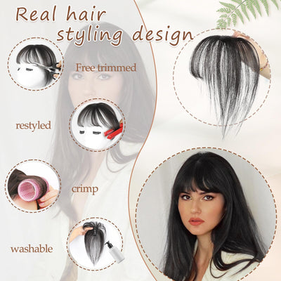 SoftCloudsWig Clip in Bangs 100% Real Human Hair Wipsy Fack Bangs Hair Clip With Topper Lace Bangs,360°Cover Natural Black Clip on Bangs for Women Hairpieces Curved Bangs for Daily Wear