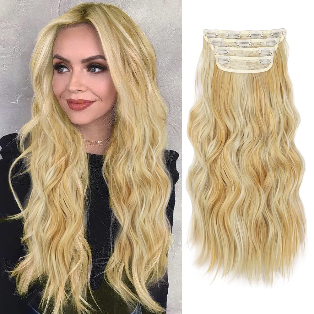 InspiritStyle Clip in Long Wavy Hair Extensions Synthetic 4 PCS Thick Hairpieces for Women 20 Inch Long Fiber Hair Extension for Daily Party Use