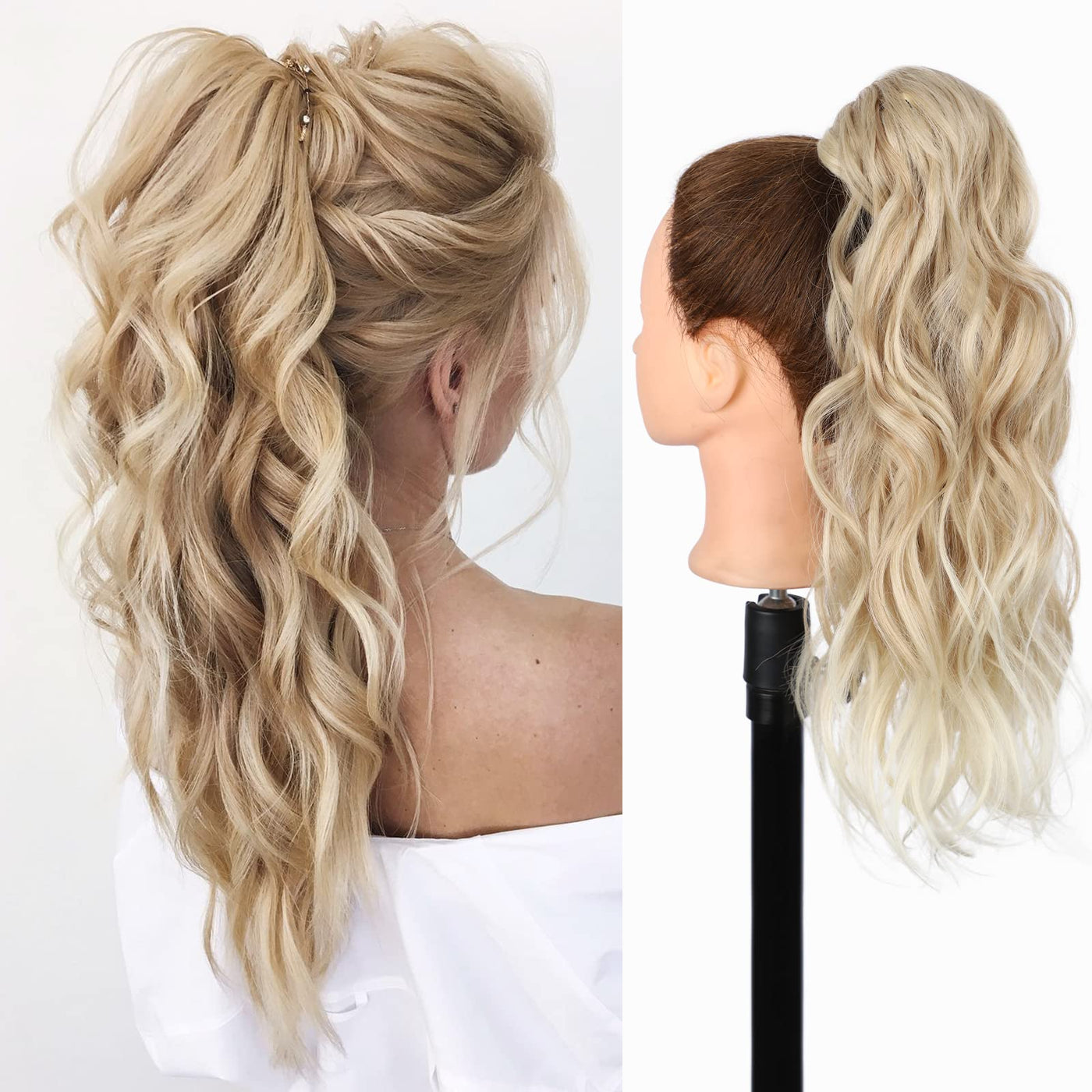 JoyfulBeauty Wavy Ponytail Extension Wrap Around Hair Extensions Bleach Mix Ash Blonde 20 inch