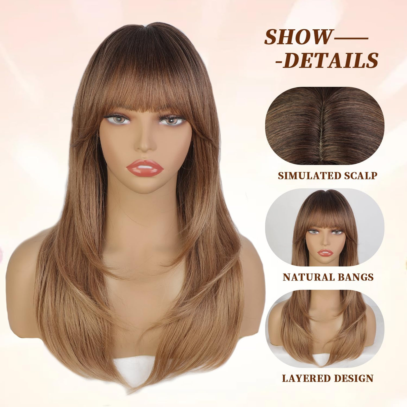 CharmMuseWig Platinum Blonde to Brown Wig with Bangs Ombre Long Layered Wig with Dark Roots for Women Synthetic Heat Resistant Fiber Wigs for Daily Party Use