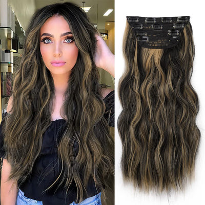 InspiritStyle Clip in Long Wavy Hair Extensions Synthetic 4 PCS Thick Hairpieces for Women 20 Inch Long Fiber Hair Extension for Daily Party Use