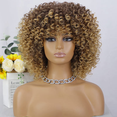 RoyalWeave Afro Wigs For Black Women Short Kinky Curly Brown Mixed Blonde Synthetic Heat Resistant Wigs With Wig Cap