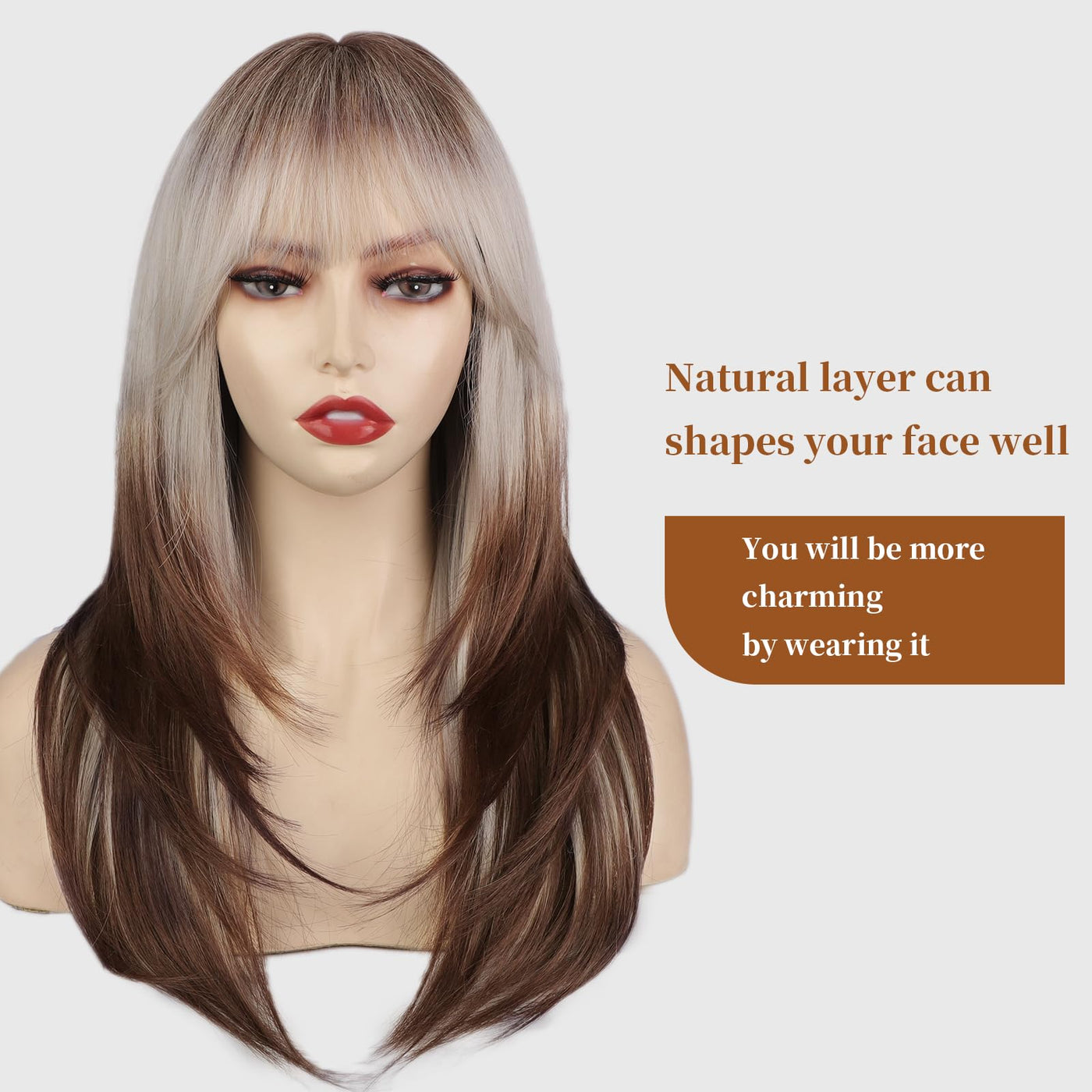 CharmMuseWig Platinum Blonde to Brown Wig with Bangs Ombre Long Layered Wig with Dark Roots for Women Synthetic Heat Resistant Fiber Wigs for Daily Party Use