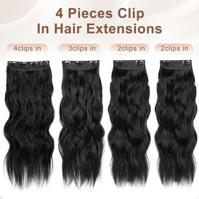 CloudEase Clip in Hair Extension Long Wavy Hair Extensions 20 Inch Black 4PCS Thick Hairpieces for Women
