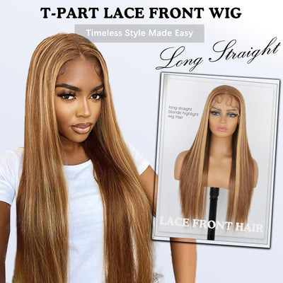 Dirrhair Brown Lace Front Wigs, Long Straight Honey Blonde Highlights Lace Frontal Wigs for Women with Baby Hair, 26 Inch Brown Mixed Blonde Synthetic Glueless Wigs for Daily Party Use