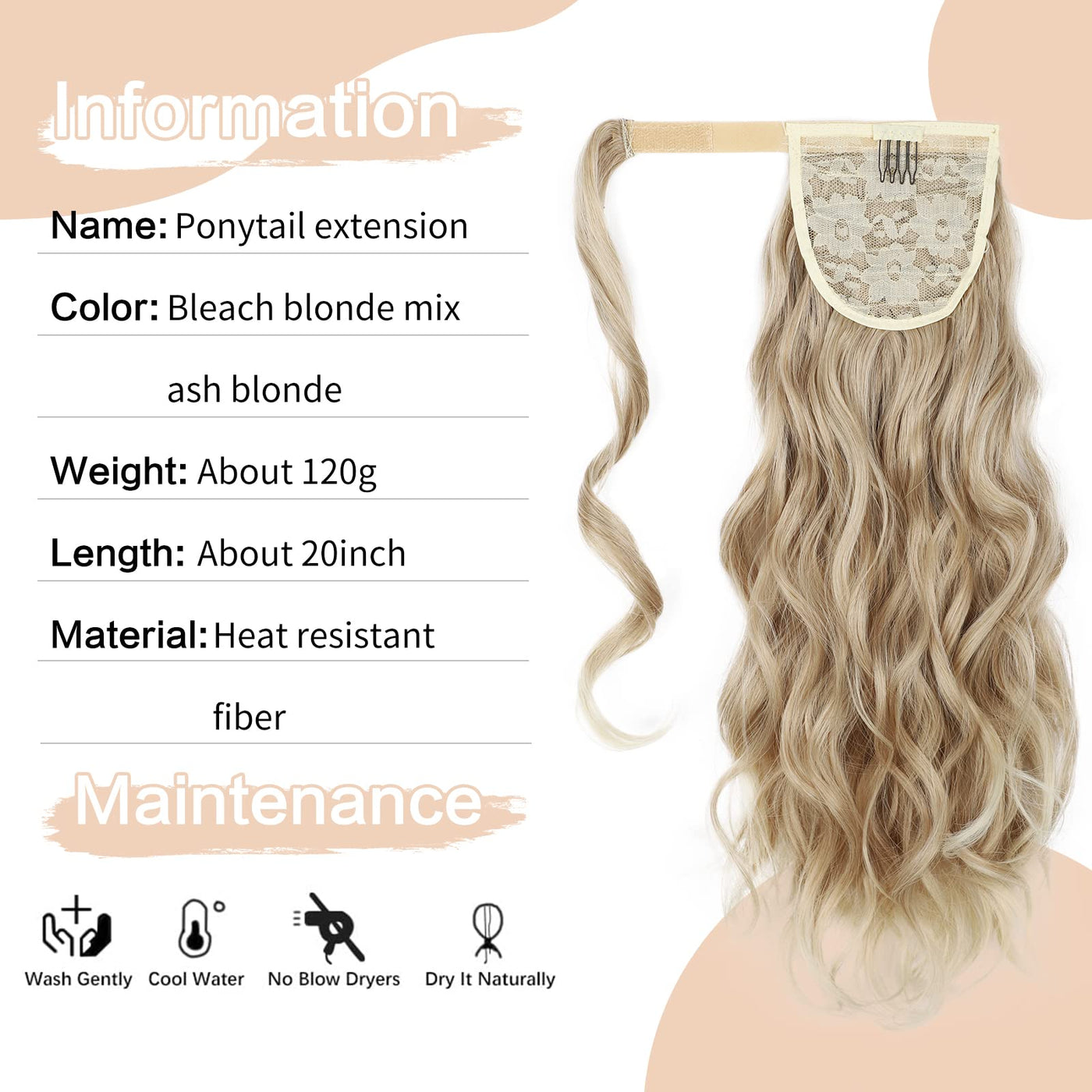 JoyfulBeauty Wavy Ponytail Extension Wrap Around Hair Extensions Bleach Mix Ash Blonde 20 inch