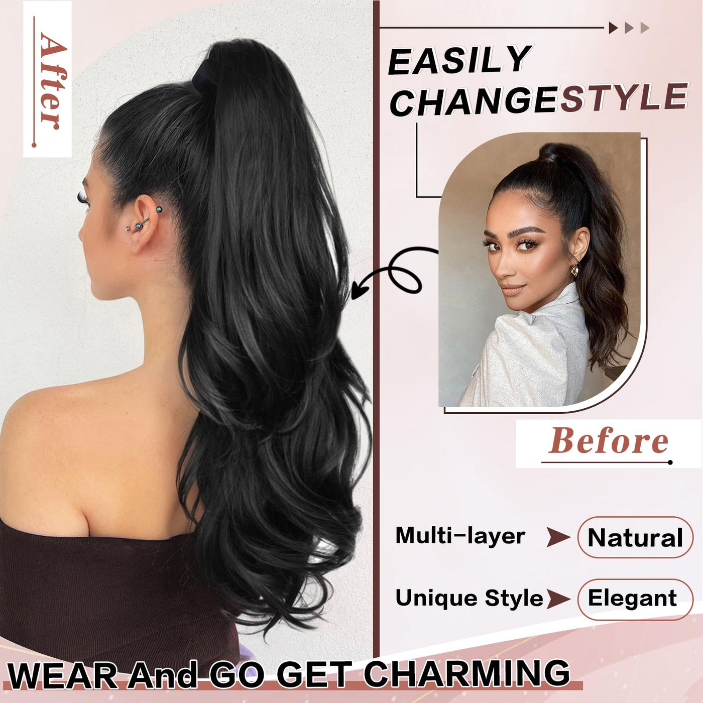 RoyalWeave Ponytail Extension, 26 Inch Drawstring Ponytail Extension for Women Long Black Wavy Layered Pony Tails Hair Extensions Synthetic Clip in Ponytail Hairpiece for Women