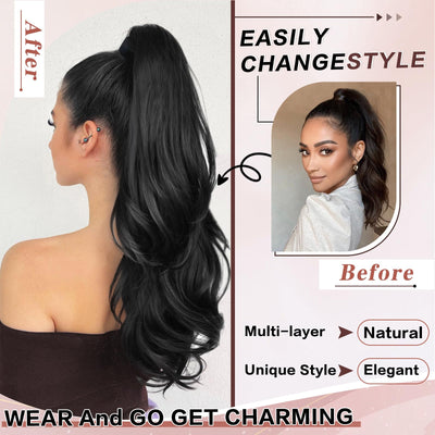 RoyalWeave Ponytail Extension, 26 Inch Drawstring Ponytail Extension for Women Long Black Wavy Layered Pony Tails Hair Extensions Synthetic Clip in Ponytail Hairpiece for Women