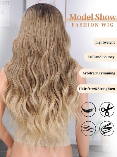 ZenBreeze Blonde Wigs for Women Long Ombre Blonde Wavy Wig with Dark Roots 26 Inch Lace Front Women's Charming Wigs Natural Looking Synthetic Heat Resistant Fiber Wig for Daily Party Use