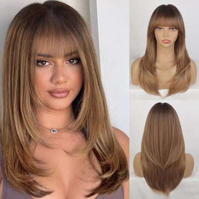 CharmMuseWig Platinum Blonde to Brown Wig with Bangs Ombre Long Layered Wig with Dark Roots for Women Synthetic Heat Resistant Fiber Wigs for Daily Party Use