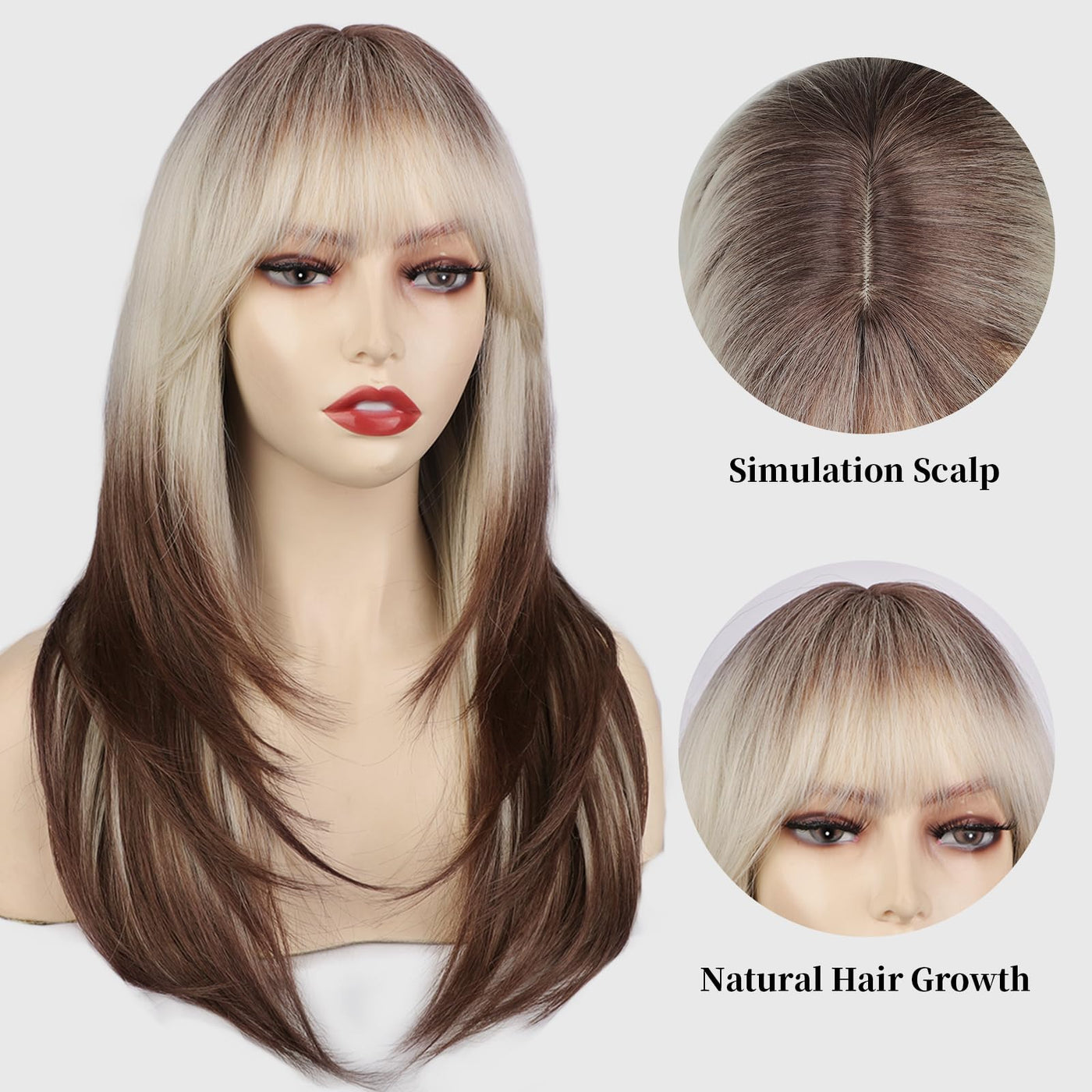 CharmMuseWig Platinum Blonde to Brown Wig with Bangs Ombre Long Layered Wig with Dark Roots for Women Synthetic Heat Resistant Fiber Wigs for Daily Party Use