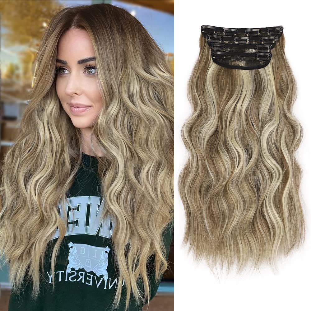 InspiritStyle Clip in Long Wavy Hair Extensions Synthetic 4 PCS Thick Hairpieces for Women 20 Inch Long Fiber Hair Extension for Daily Party Use