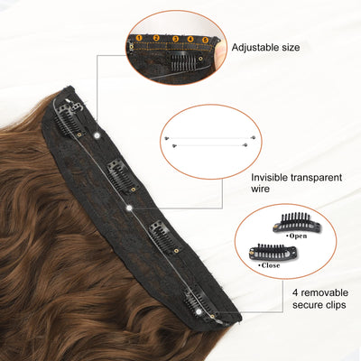 MysticPath Ash Brown Invisible Wire Thick Hair Extension with 4 Secure Clips Long Wavy Hairpiece with Transparent Adjustable Headband 20 Inches Synthetic Fiber for Daily Wear