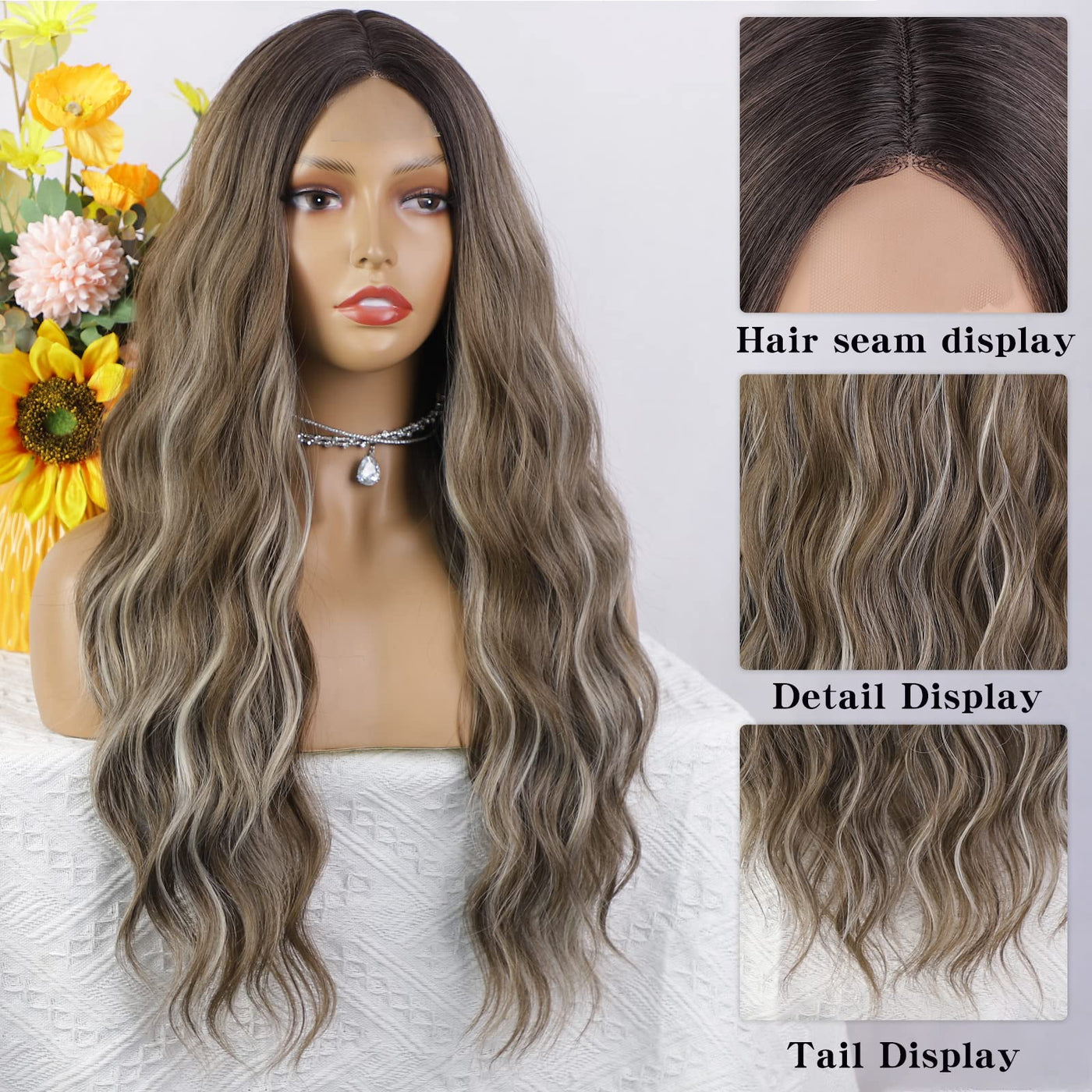 CloudEase Long Wigs for Women Wavy Ombre Wig Middle Part Ash Brown and Bleach Blonde Curly Wigs Natural Looking Hair Replacement Wigs for Party Daily Use