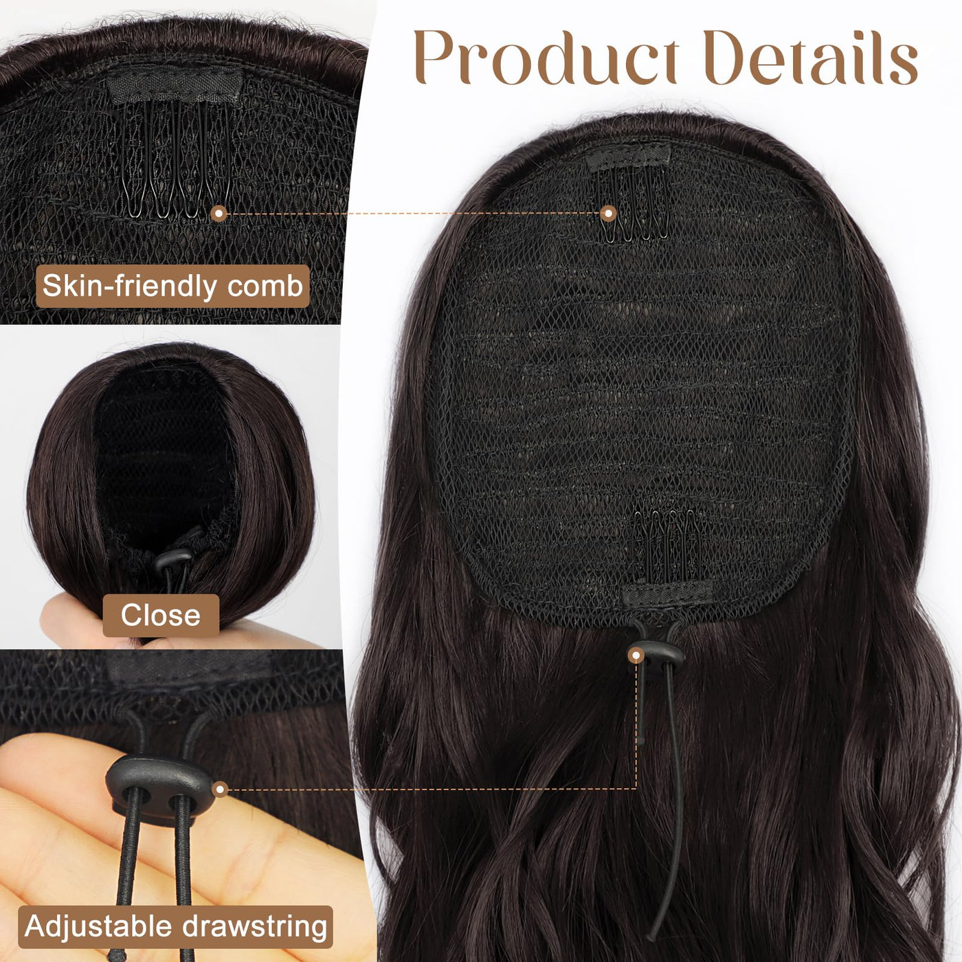 pasadena Ponytail Extension,Drawstring Ponytail Hair Extensions Dark Brown Long Wave Ponytail For Women