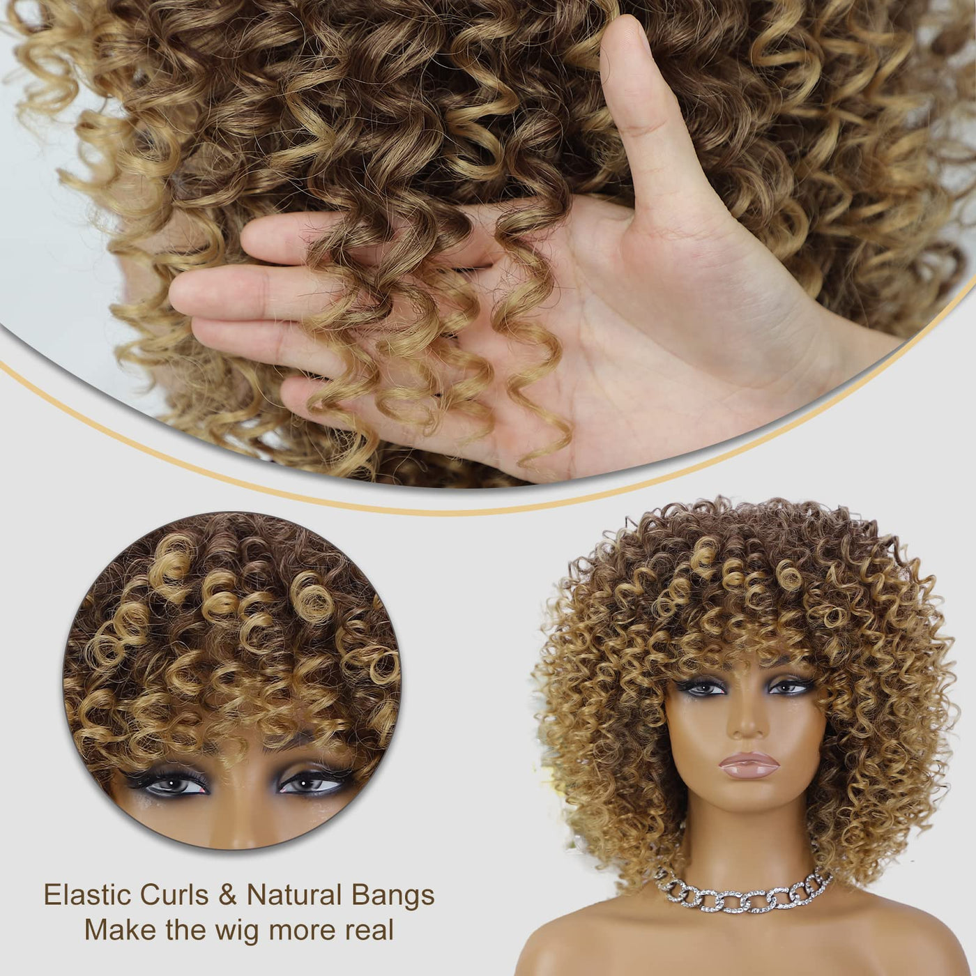 RoyalWeave Afro Wigs For Black Women Short Kinky Curly Brown Mixed Blonde Synthetic Heat Resistant Wigs With Wig Cap