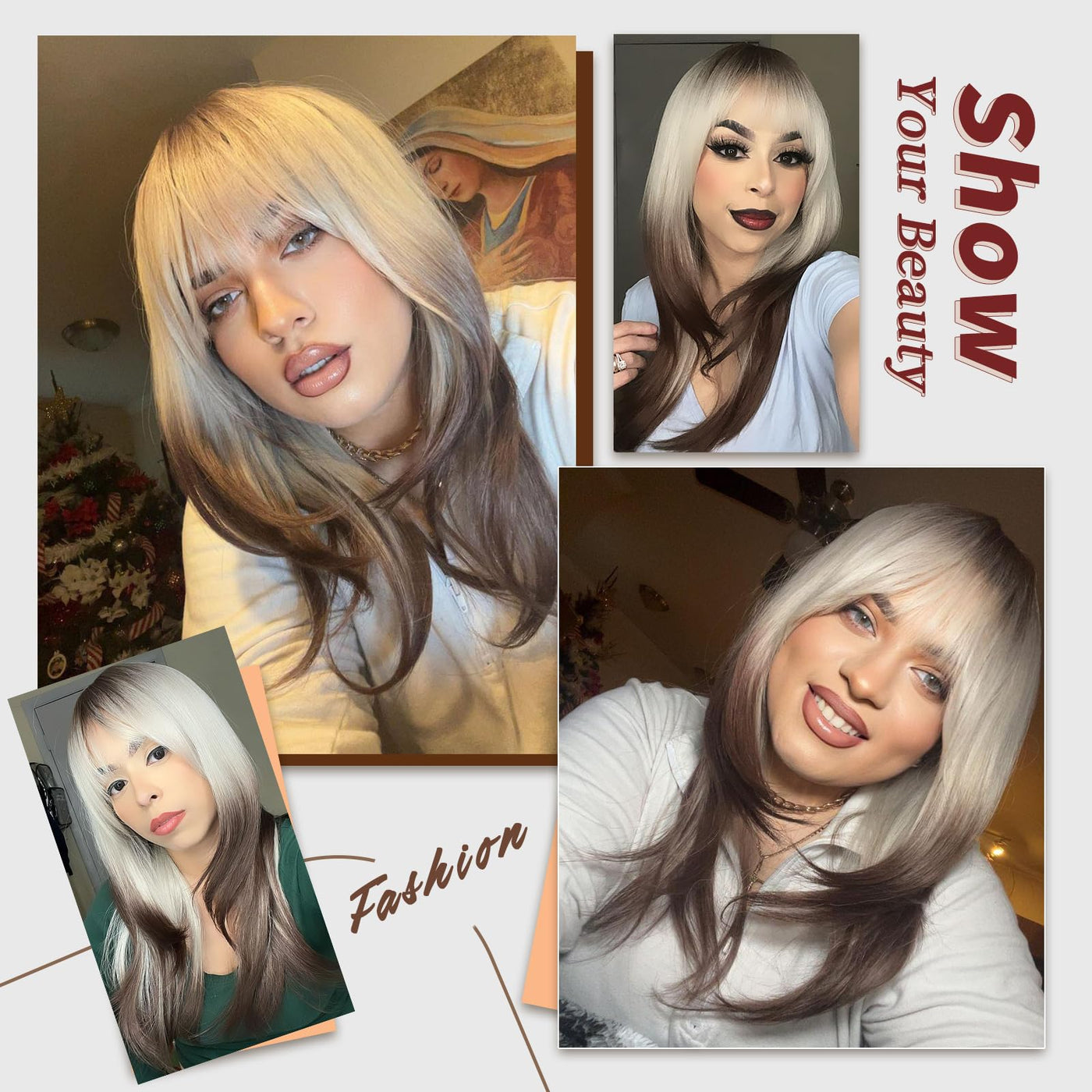 CharmMuseWig Platinum Blonde to Brown Wig with Bangs Ombre Long Layered Wig with Dark Roots for Women Synthetic Heat Resistant Fiber Wigs for Daily Party Use