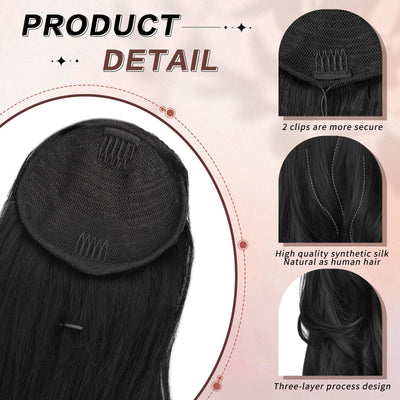 RoyalWeave Ponytail Extension, 26 Inch Drawstring Ponytail Extension for Women Long Black Wavy Layered Pony Tails Hair Extensions Synthetic Clip in Ponytail Hairpiece for Women