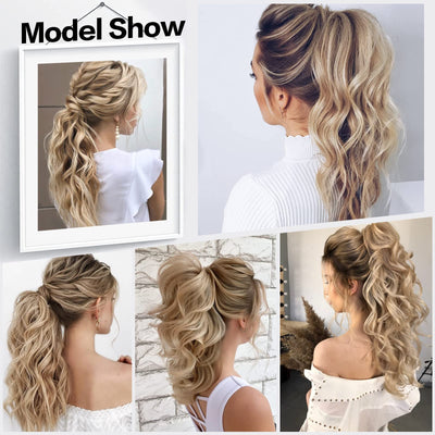 JoyfulBeauty Wavy Ponytail Extension Wrap Around Hair Extensions Bleach Mix Ash Blonde 20 inch