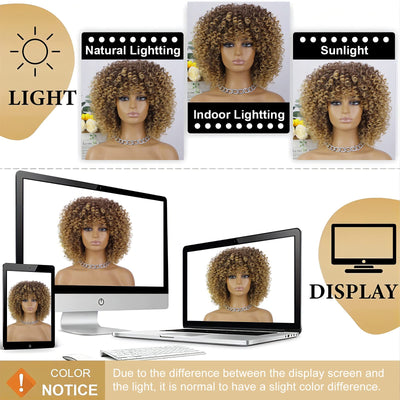 RoyalWeave Afro Wigs For Black Women Short Kinky Curly Brown Mixed Blonde Synthetic Heat Resistant Wigs With Wig Cap