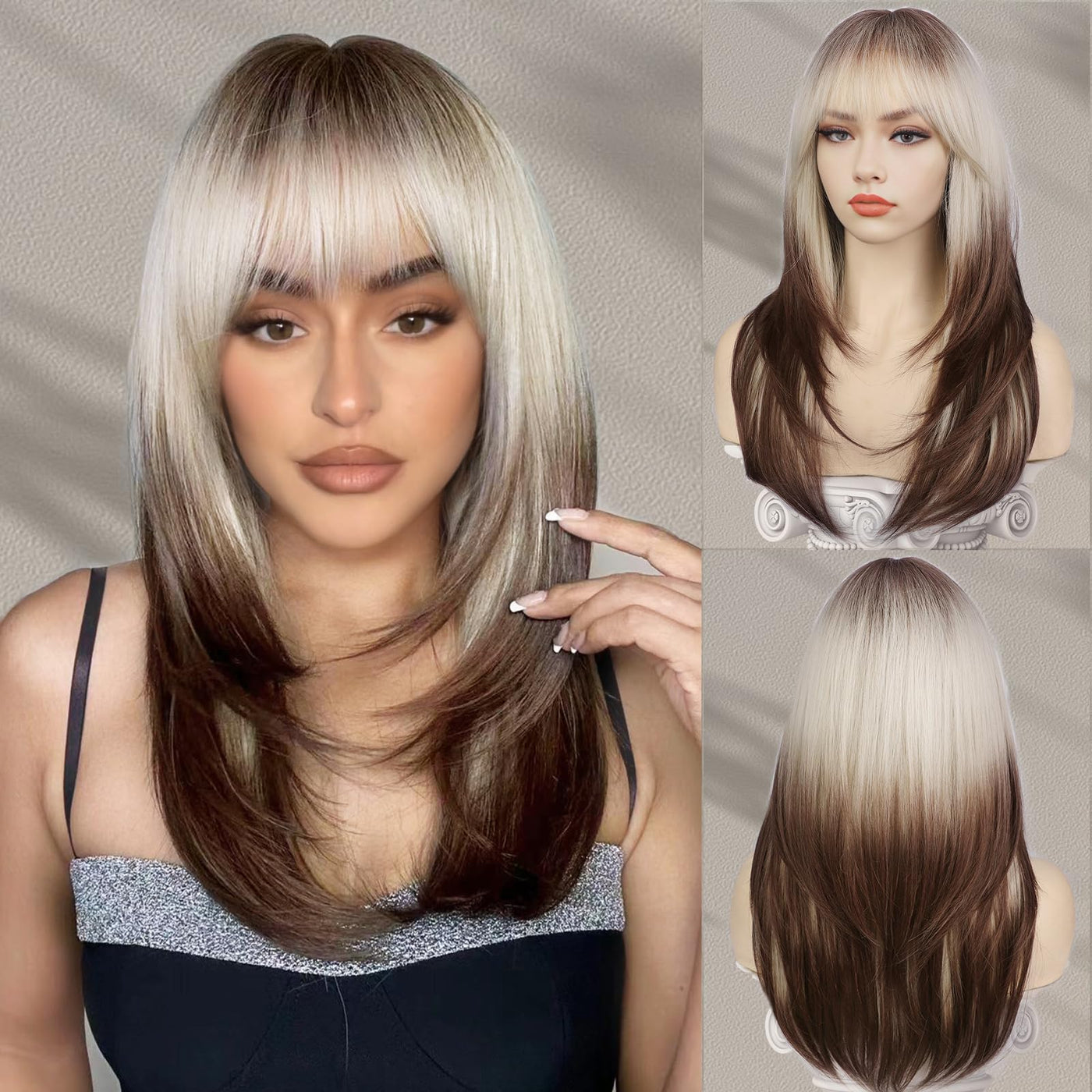 CharmMuseWig Platinum Blonde to Brown Wig with Bangs Ombre Long Layered Wig with Dark Roots for Women Synthetic Heat Resistant Fiber Wigs for Daily Party Use