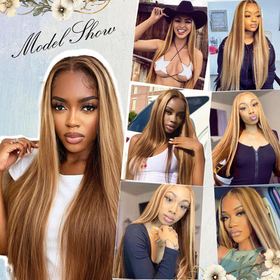 Dirrhair Brown Lace Front Wigs, Long Straight Honey Blonde Highlights Lace Frontal Wigs for Women with Baby Hair, 26 Inch Brown Mixed Blonde Synthetic Glueless Wigs for Daily Party Use