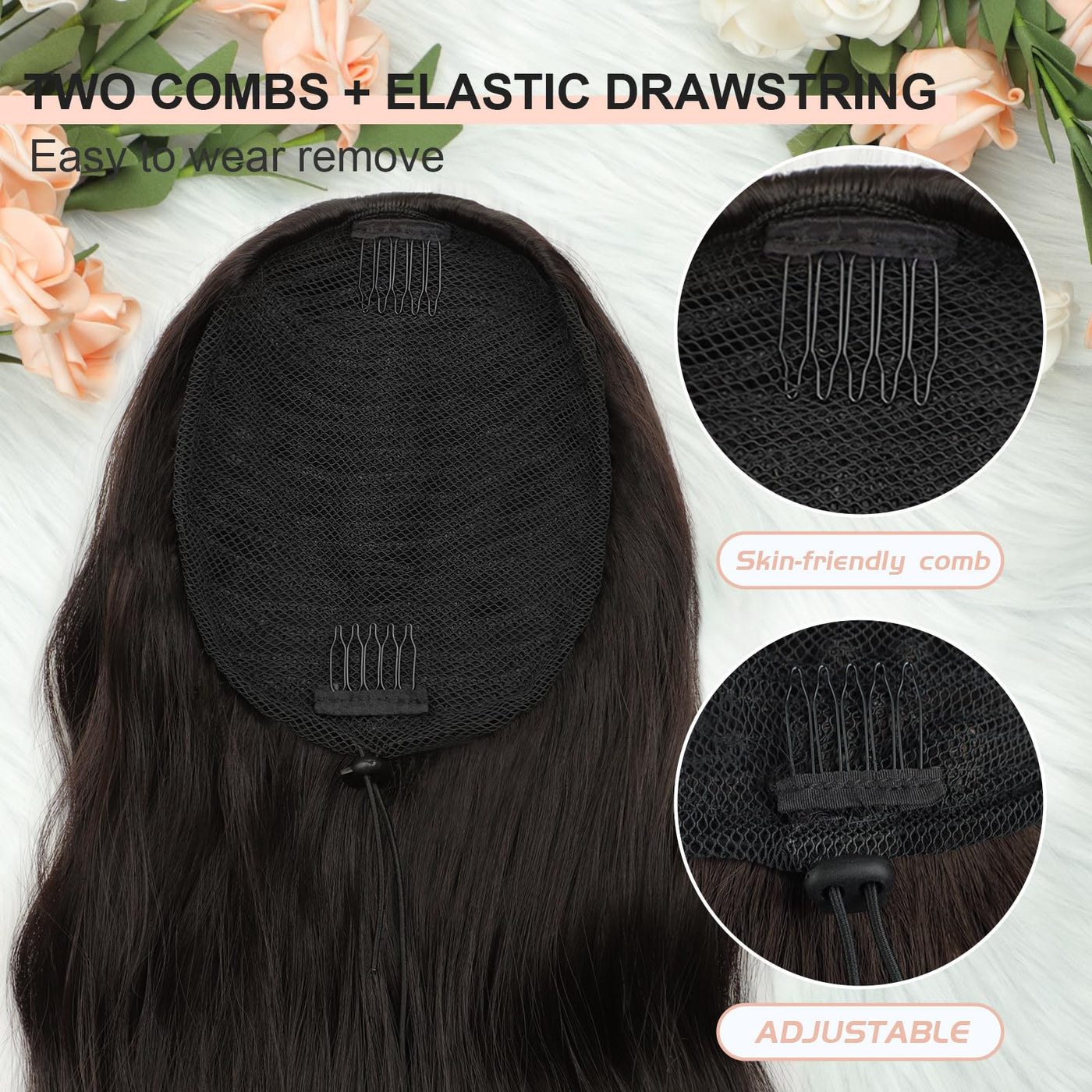 SoftCloudsWig Ponytail Extension, 26 Inch Long Wavy Drawstring Ponytail for Women Dark Brown Pony Tail Hair Extension Synthetic Hairpiece for Daily Use