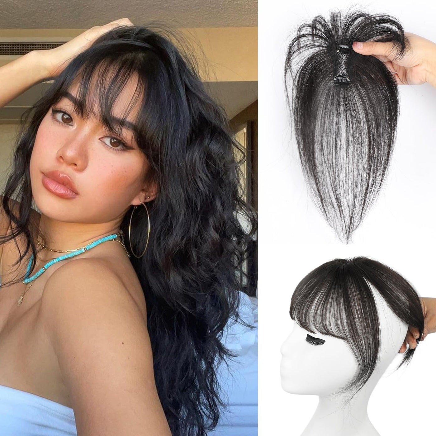 SoftCloudsWig Clip in Bangs 100% Real Human Hair Wipsy Fack Bangs Hair Clip With Topper Lace Bangs,360°Cover Natural Black Clip on Bangs for Women Hairpieces Curved Bangs for Daily Wear