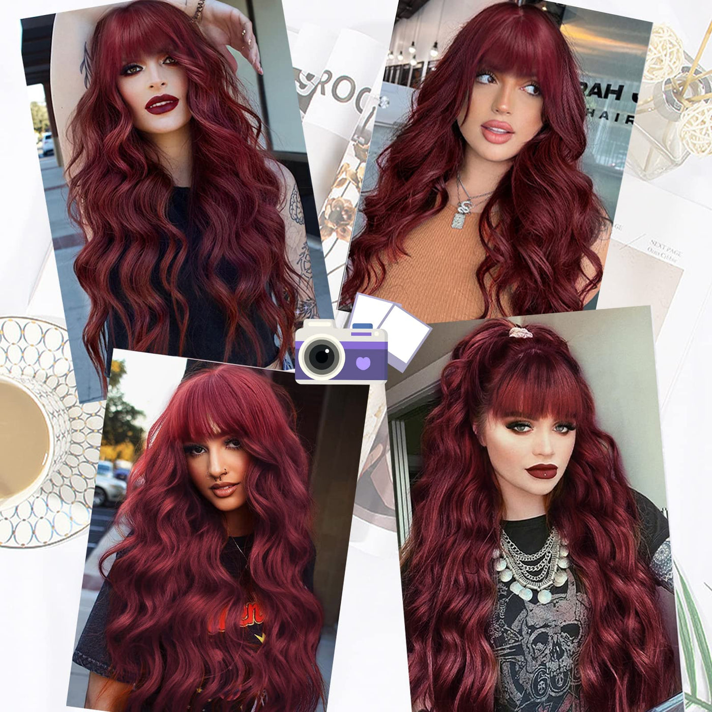 LKQee Long Wig with Bangs Wine Red Wavy Wigs for Women Synthetic Heat Resistant Fibre Burgundy Wigs for Girls Daily Party Use