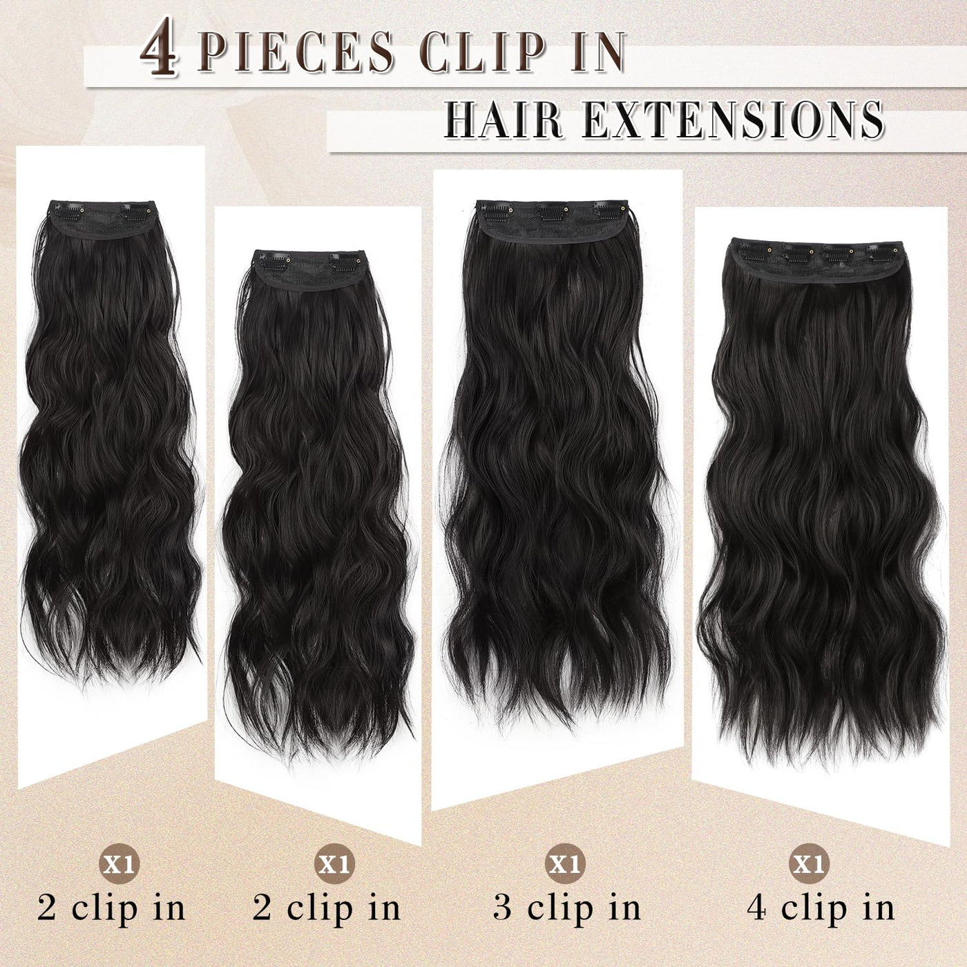 PoeticStrand Hair Extensions,Black Clip in Hair Extensions for Women,Clip in Synthetic Hair Extensions Long Wavy 4PCS Thick Hairpieces Fiber Double Weft Natural Hair Extensions 20 Inch for Women