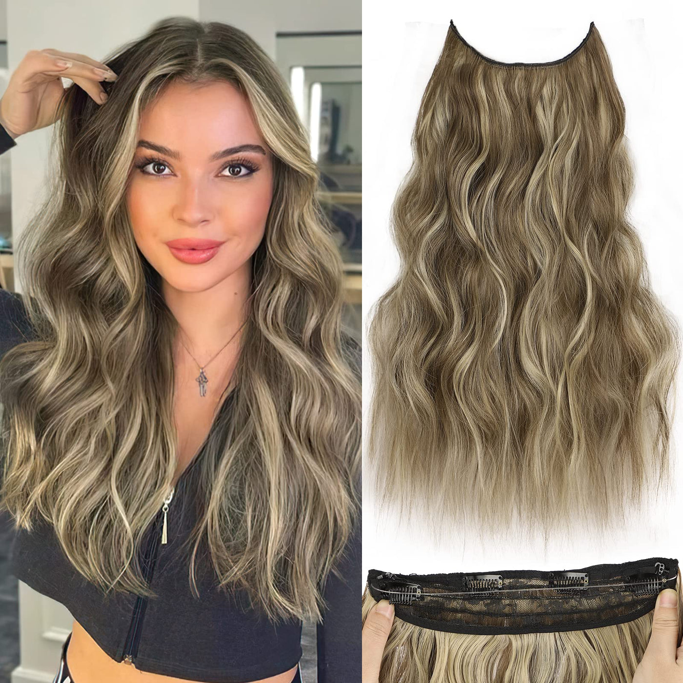 MysticPath Ash Brown Invisible Wire Thick Hair Extension with 4 Secure Clips Long Wavy Hairpiece with Transparent Adjustable Headband 20 Inches Synthetic Fiber for Daily Wear