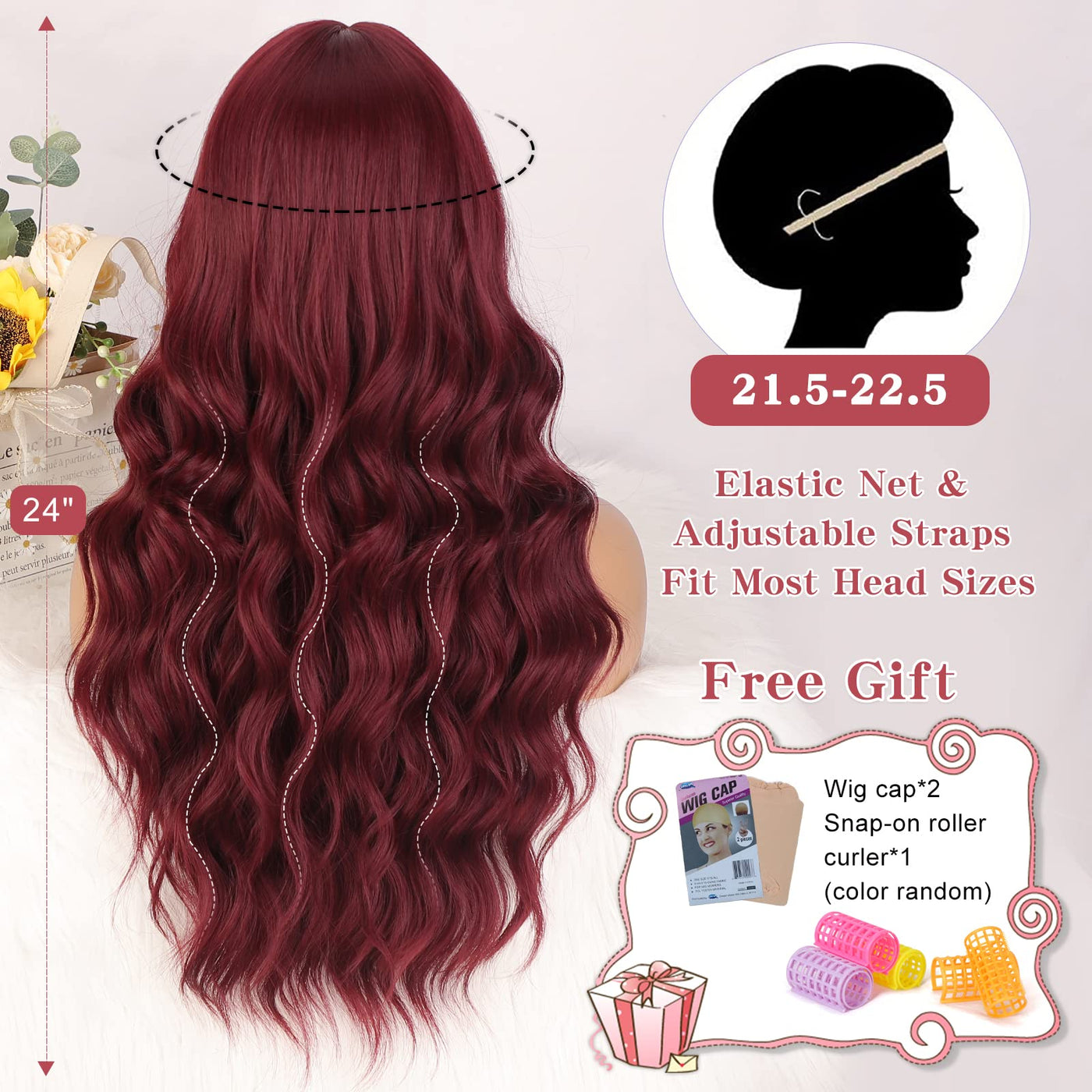 LKQee Long Wig with Bangs Wine Red Wavy Wigs for Women Synthetic Heat Resistant Fibre Burgundy Wigs for Girls Daily Party Use
