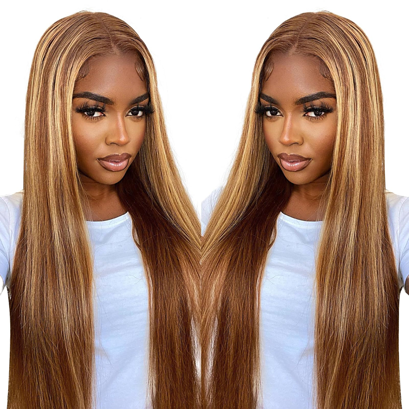 Dirrhair Brown Lace Front Wigs, Long Straight Honey Blonde Highlights Lace Frontal Wigs for Women with Baby Hair, 26 Inch Brown Mixed Blonde Synthetic Glueless Wigs for Daily Party Use