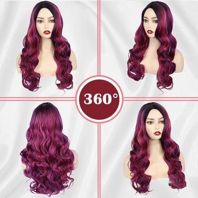 InspiritStyle Colorful Wig Cosplay Costume Wig Long Natural Loose Wavy Red Mixed Purple Wigs for Women and Girls