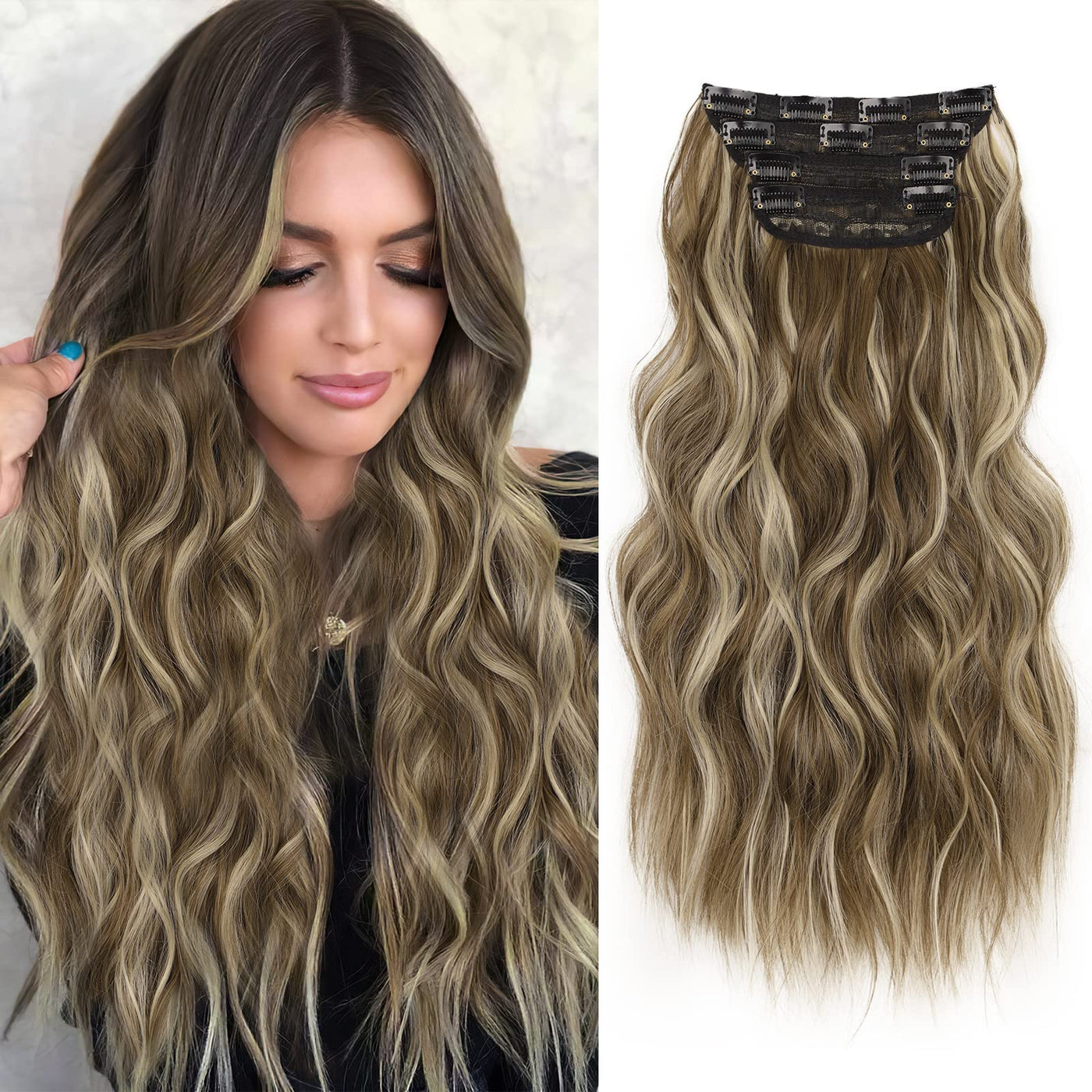 InspiritStyle Clip in Long Wavy Hair Extensions Synthetic 4 PCS Thick Hairpieces for Women 20 Inch Long Fiber Hair Extension for Daily Party Use