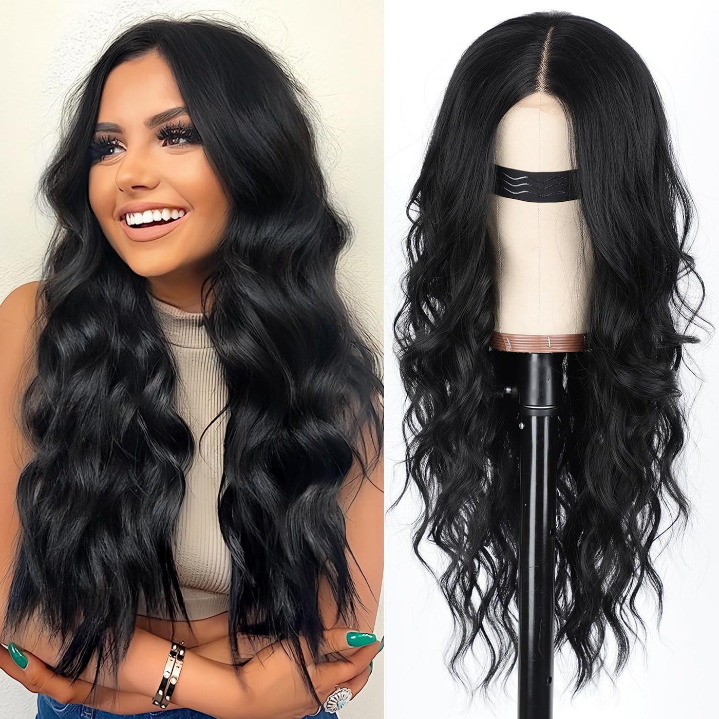 pasadena Black Wig for Women Long Wavy Lace Hairline Wig 26 Inch Middle Part Synthetic Heat Resistant Wig for Daily Party