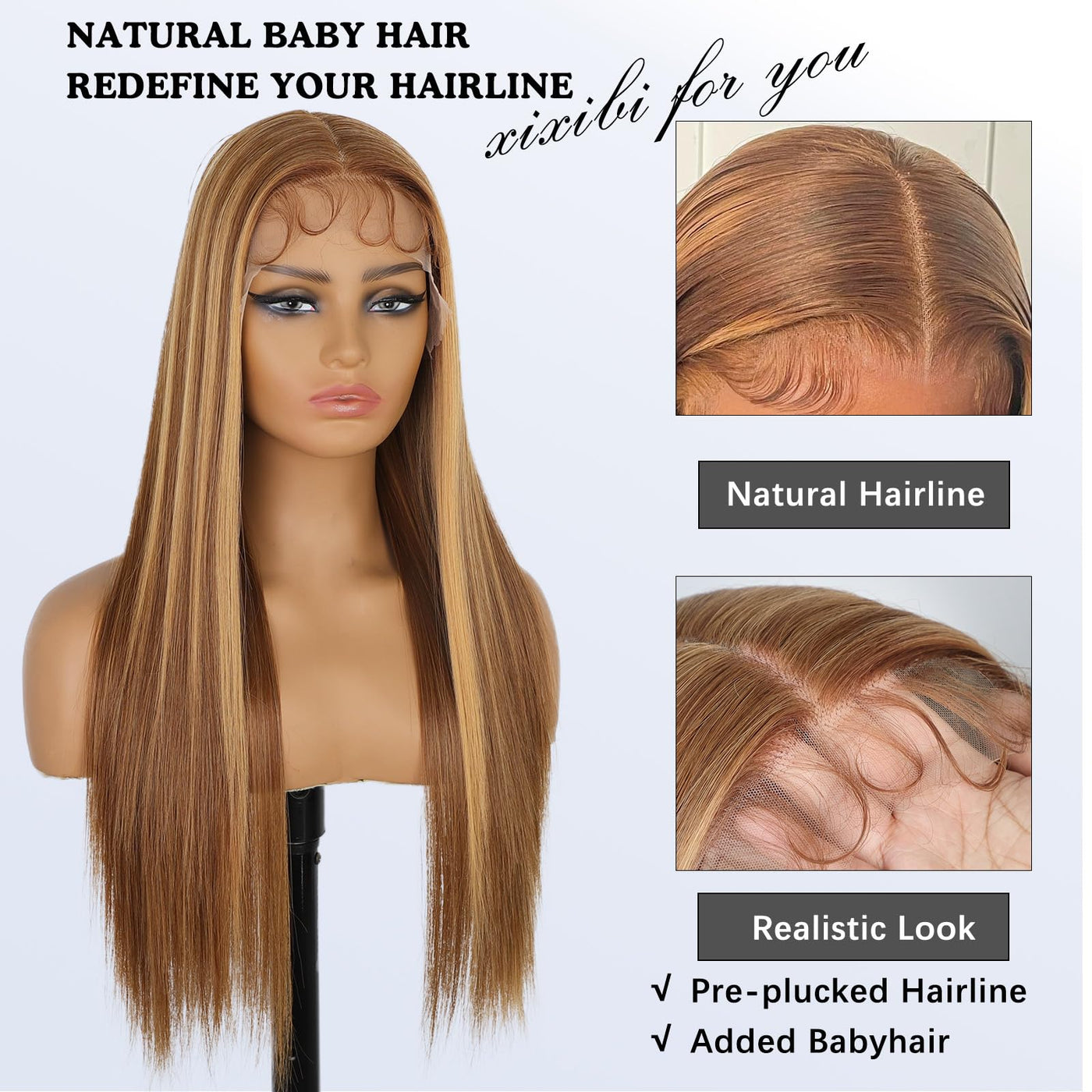 Dirrhair Brown Lace Front Wigs, Long Straight Honey Blonde Highlights Lace Frontal Wigs for Women with Baby Hair, 26 Inch Brown Mixed Blonde Synthetic Glueless Wigs for Daily Party Use