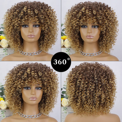 RoyalWeave Afro Wigs For Black Women Short Kinky Curly Brown Mixed Blonde Synthetic Heat Resistant Wigs With Wig Cap