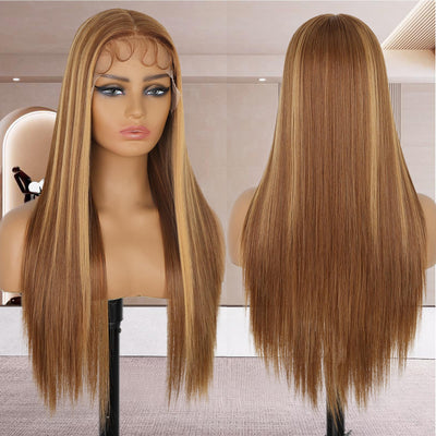 Dirrhair Brown Lace Front Wigs, Long Straight Honey Blonde Highlights Lace Frontal Wigs for Women with Baby Hair, 26 Inch Brown Mixed Blonde Synthetic Glueless Wigs for Daily Party Use