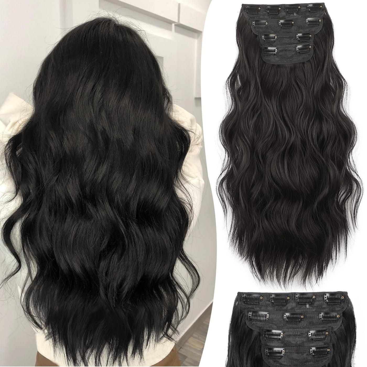 PoeticStrand Hair Extensions,Black Clip in Hair Extensions for Women,Clip in Synthetic Hair Extensions Long Wavy 4PCS Thick Hairpieces Fiber Double Weft Natural Hair Extensions 20 Inch for Women