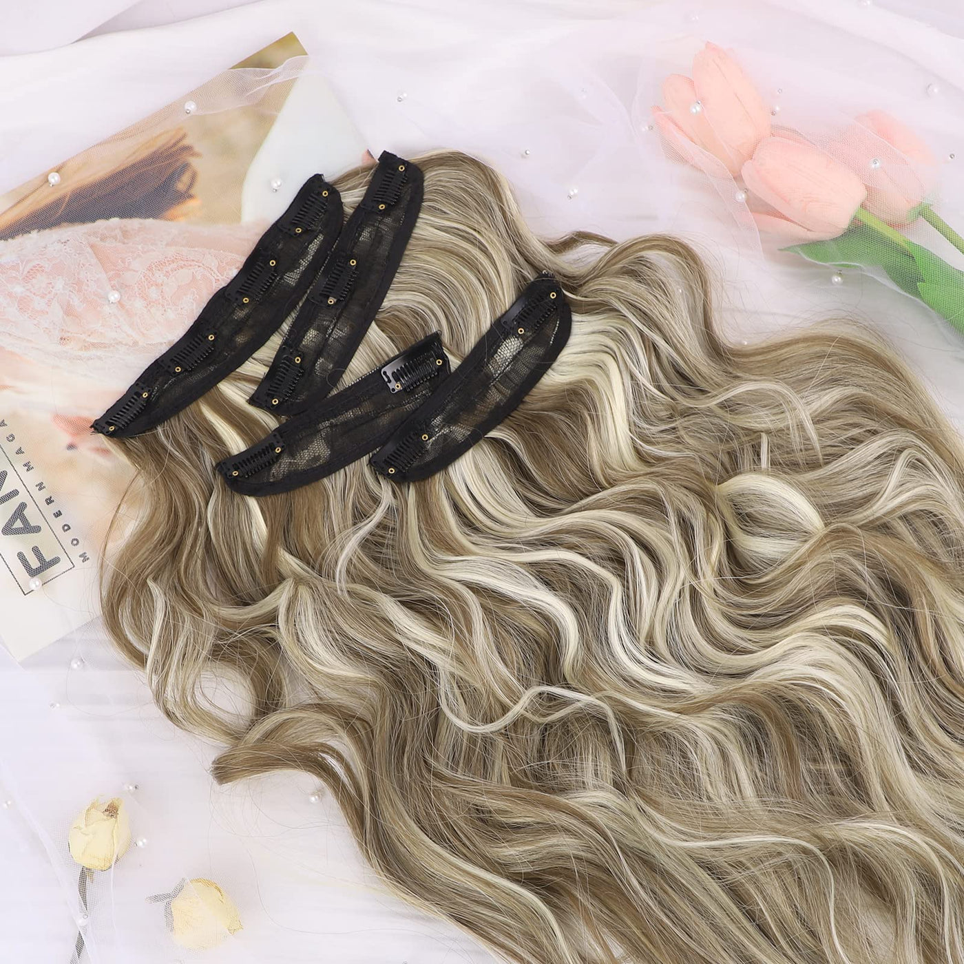 InspiritStyle Clip in Long Wavy Hair Extensions Synthetic 4 PCS Thick Hairpieces for Women 20 Inch Long Fiber Hair Extension for Daily Party Use