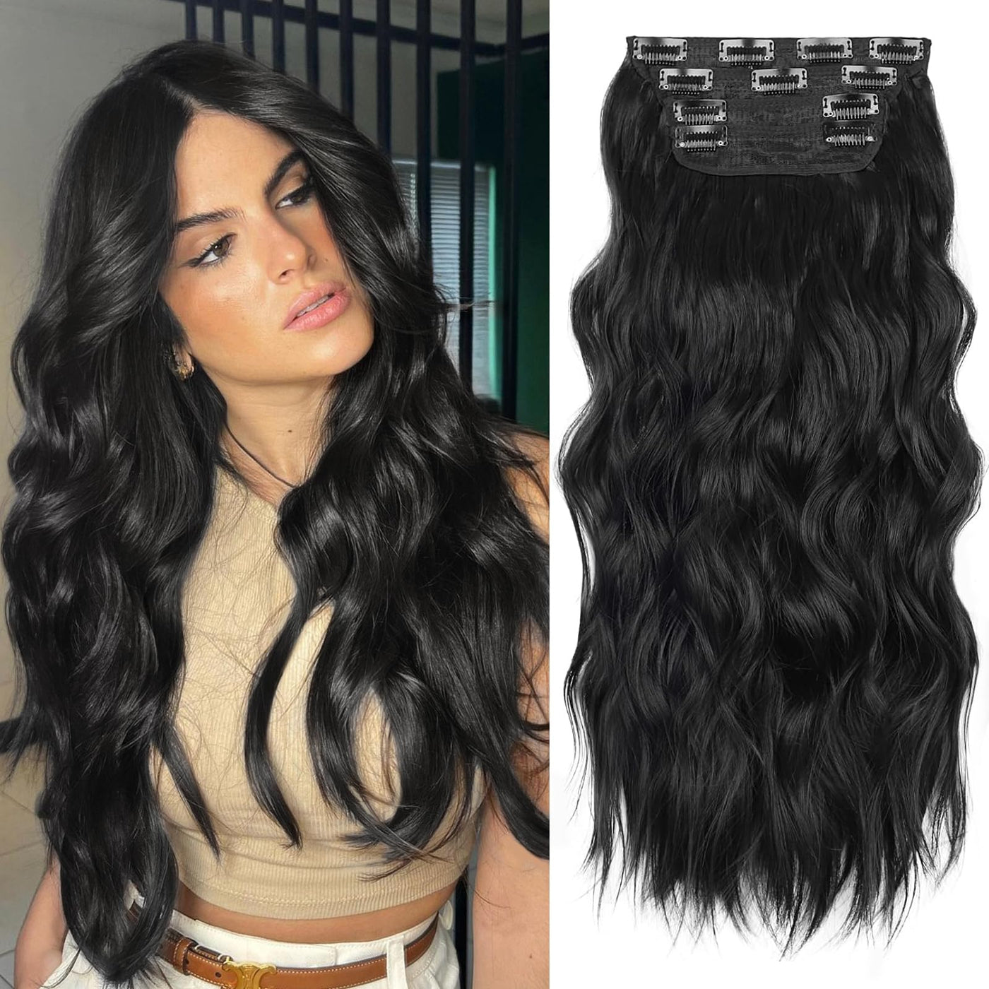 CloudEase Clip in Hair Extension Long Wavy Hair Extensions 20 Inch Black 4PCS Thick Hairpieces for Women