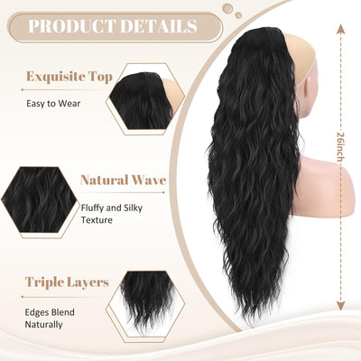 CloudEase Ponytail Extension Drawstring Ponytail Hair Extensions for Women 26 Inch Long Wavy Synthetic Hairpiece for Women Daily Party Use
